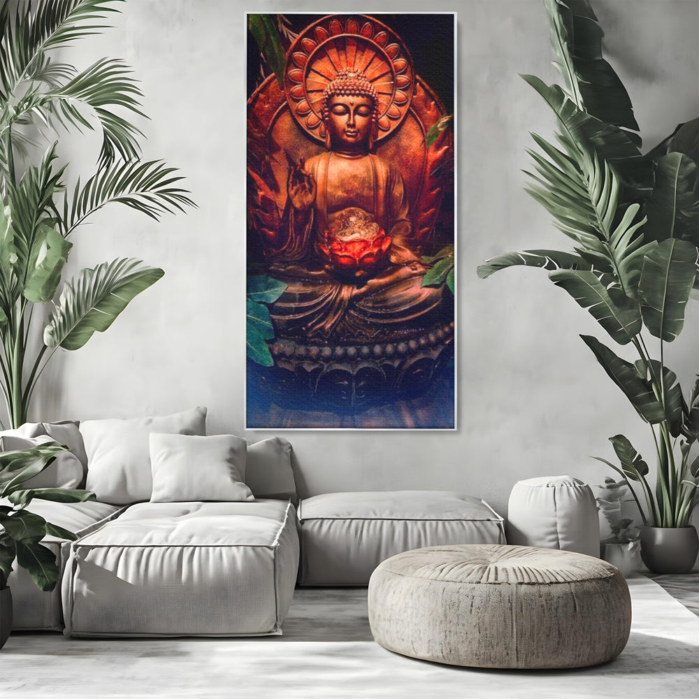 Tablou canvas cu tablou canvas cu statuie buddha in meditatie, in rama de aluminiu argintiu, pe perete intr-un living